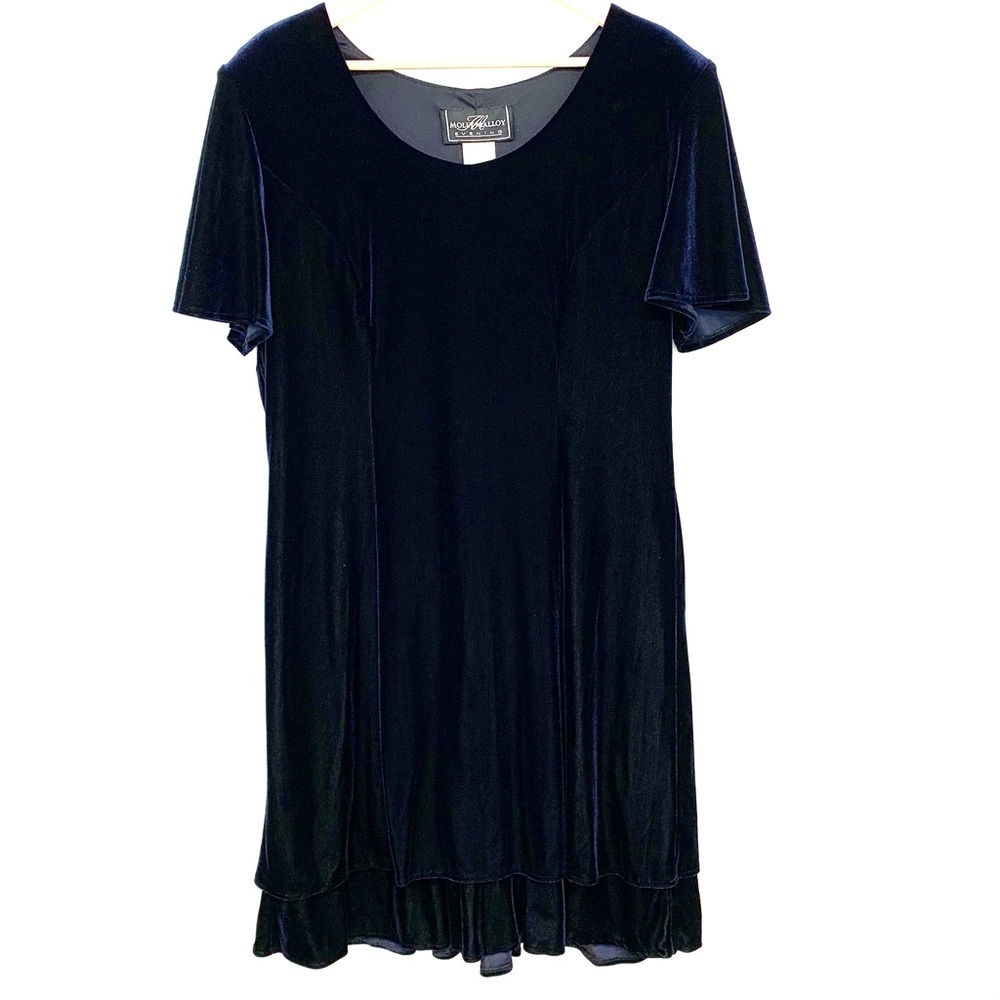 Vintage 90s Velvet Midi Dress Dark Blue 14 Tiered Flutter Sleeve Event Holiday